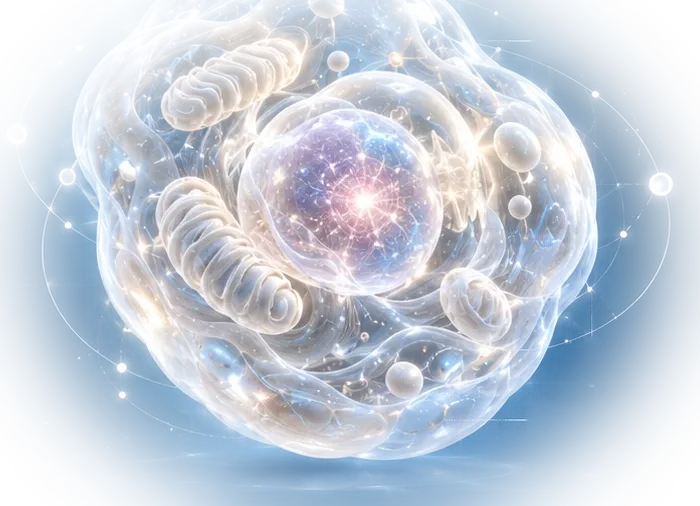 A living human cell rendered in translucent light, its nucleus glowing at the centre