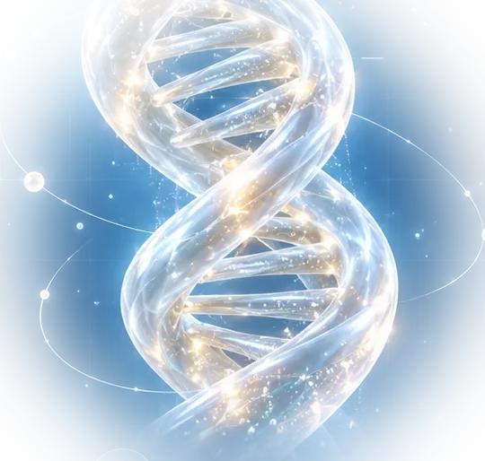 A DNA double helix glowing in blue light