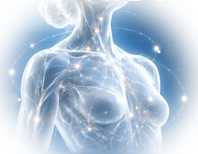 A translucent female figure crossed by glowing pathways of energy