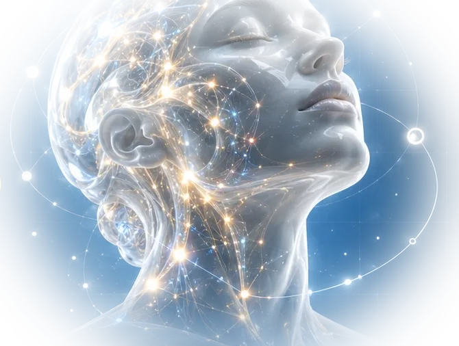 A translucent human head, eyes closed, crossed by a glowing network of neural light