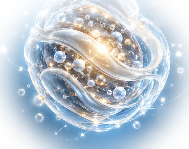 A sphere of translucent bubbles with a warm light at its core