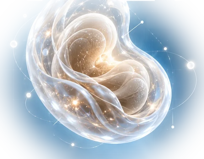 A fluid, translucent cell with warm light swirling inside